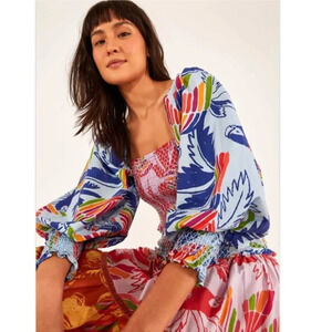 NEW Farm Rio Mixed Birds Puff-Sleeve Smocked Crop Top